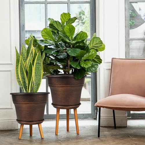 Plant Planters Pots Set of 4 Pack 16 Inch，Large Plastic Flower Pot For Indoor Plants With Drainage Holes & Trays, Resin Decorative Container Sets With Saucer For House Outdoor Garden Plant Copper - color: Copper, size: 16 inch-4 pack