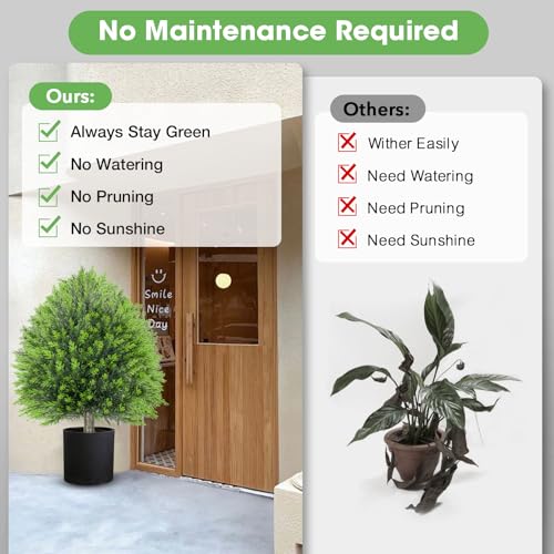 25.6" Artificial Cedar Topiary Ball Plants: Set of 2 Fake Cypress Bushes with Spike – UV Resistant Artificial Shrubs, Evergreen Fake Tree for Outdoor Indoor Porch Garden Balcony - color: Pine