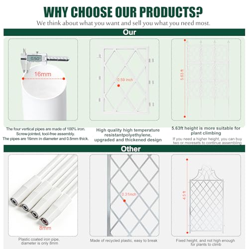 WellSign 5.25FT Metal Pipe Trellis for Climbing Plants Outdoor, Garden Wall White Trellis with Garden Twist Tie, Support Tall Plant Fence for Ivy Vines Rose Flower - color: White