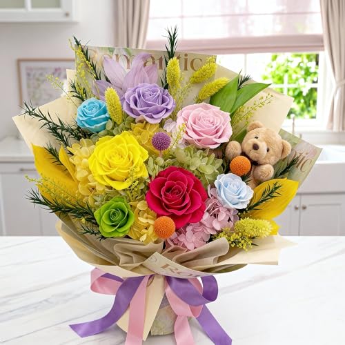Preserved Bouquet with Bear: Big Flowers Big Love-Romantic Graduation Gifts for Her-Daughter Girlfriend Wife Mom-Flowers for Delivery Prime on Birthday Valentines Anniversary (Dopamine 1) - color: Dopamine1