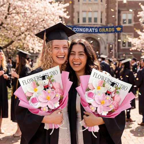 Giegxin Graduation Crochet Flowers Bouquet Set 2026 Grad Cap Plush Bear Hand Knitted Tulip Daisy Sunflower Rose Bouquet Greeting Card Gift Bag for Wedding Birthday Party Favors (Pink) - color: Pink