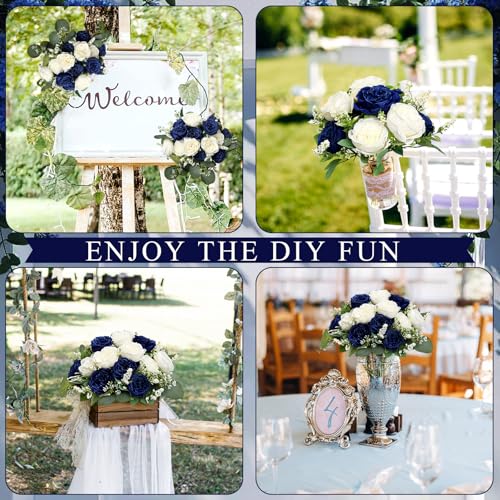 Peonies Artificial Flowers Bulk, 12 Bundles Fake Silk Peonies Faux Eucalyptus Bouquet Realistic Peony Floral Arrangement for Wedding Table Centerpiece Vase Decor (Royal Blue & White) - color: Royal Blue & White
