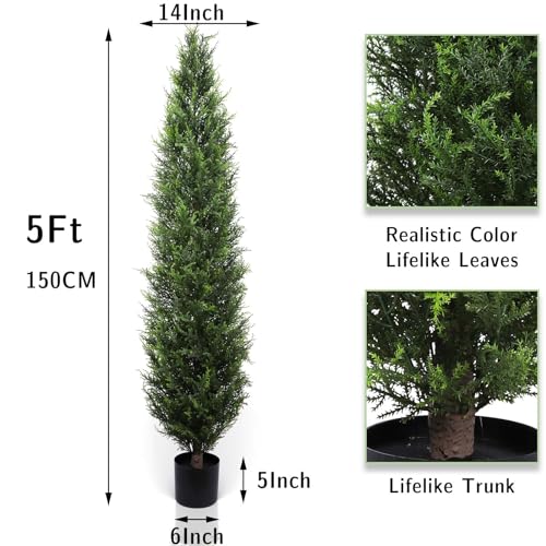Artificial Cedar Topiary 5ft Fake Cypress Trees Faux Cedar Potted Plants Pine Cypress for Outdoors Indoors Front Home Decor 2 Pack