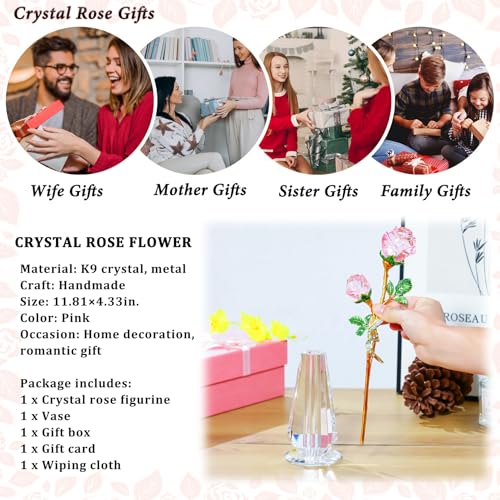 Arikyrist Pink Rose Flower Crystal Figurine with Vase, Handmade Bouquet Glass Flowers Ornament Rose Gifts for Women Mom Wife, Crystal Flower Home Decor for Valentine Mother's Day Wedding - color: Pink 1