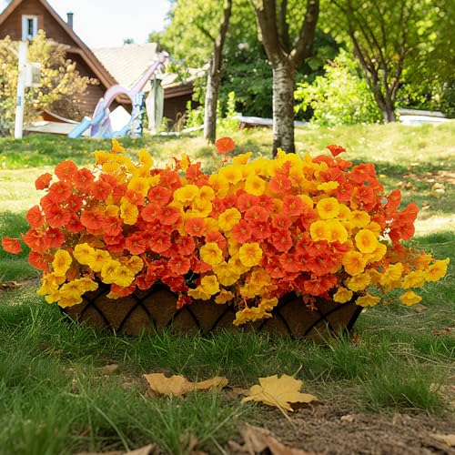 16 Bundles Fall Mums Artificial Flowers for Outdoor Decoration,Realistic Fake Plants Orange Red Petunias, UV Resistant Faux Yellow Silk Flowers for Vase Planter Front door Porch Garden (Autumn) - color: Autumm