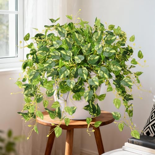 INQCMY Artificial Fake Hanging Plants Philodendro for Outdoors Spring Decoration, 3Pcs Faux Pothos Vines Realistic Greenery UV Resistant for Home Office Bedroom Bathroom Living Room Indoor - color: Green
