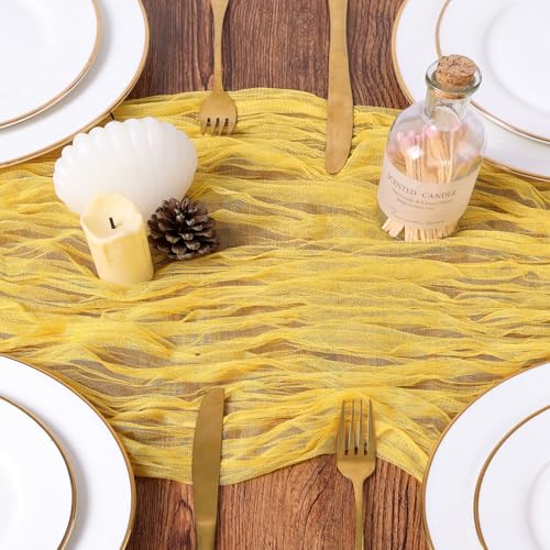 5 Pcs Yellow Gauze Table Runner 10ft Rustic Cheese Cloth Table Runner Boho Style Decoration for Romantic Date Wedding Party Baby Shower Photography Decoration - color: Yellow, size: 10 ft × 5 pcs