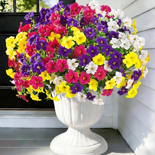 Artificial Flowers for Outdoors, 12 Bundles Mixed Color Artificial Petunias Fake Flowers for Outside, UV Resistant Realistic Silk Flowers for Decorations, Outdoor Faux Flowers Plants for Garden Porch - color: Mixed 4 Colors, size: 12 Pack