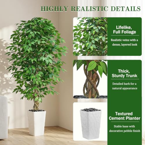 6FT Artificial Ficus Tree Indoor, Large Fake Ficus Tree with Natural Wood Trunk & Realistic Silk Leaves, Tall Faux Tree for Living Room, Office, Home Decor, White Pot Included