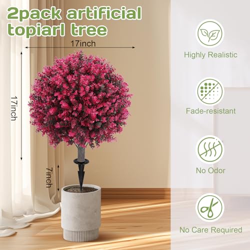 Artificial Red Eucalyptus Topiary Ball Tree 24" with Ground Spike, Set of 2 Artificial Boxwood Bushes for Faux Shrubs, Fake Evergreen Faux Plant for Indoor Outdoor Garden -UV Resistant–Fade-Proof - color: Red Eucalyptus