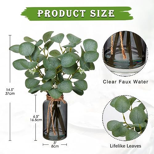 Briful Artificial Eucalyptus Stems in Black Glass Vase with Faux Water, 14" Fake Plant Eucalyptus Leaves for Home Office Farmhouse Wedding Centerpiece Décor, 2 Packs - color: Black Dual