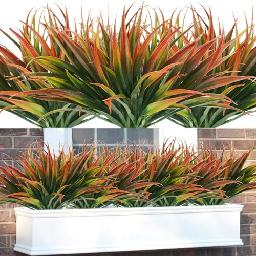 16Pcs Artificial Grass Fake Plants 17.3in Outdoor Plastic Plants UV Resistant Greenery Fake Grass for Home Window Garden Patio Hanging Planter Pathway Front Porch Décor Red - color: Red, size: 16 Pcs