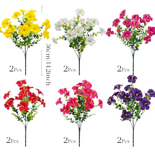 Artificial Flowers for Outdoors Decoration, 12 Bundles Fake Silk Morning Glory with Faux Plastic Eucalyptus UV Resistant for Outside Front Door Porch Planters Patio Garden Decor (MultiColor 2) - color: Multicolor 2