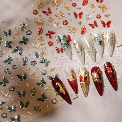 Butterfly Nail Art Stickers 5D Jelly Design Blackish Green Nail Decals 1PCS Embossed Gradient Butterfly Wing Adhesive Stickers Accessories Summer Bronzing Nail Decor for Manicure - style: Style7-Green Butterfly