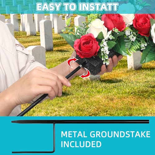 Artificial Cemetery Flowers,Set of 2 Faux Floral Cross,Artificial Rose Bouquet Decoration for Cemetery Headstones Gravesites,Silk Flowers for Long-Lasting Remembrance (red) - color: Red