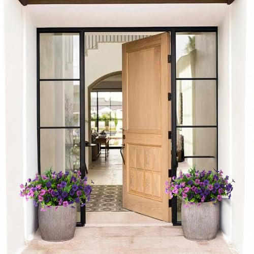 Artificial Flowers for Outdoors, 12 Bundles Multicolor Silk Fake Flower with Ferns for Spring Summer Decoration, UV Resistant Artificial Outdoor Faux Plants for Home Planter Porch Patio Yard Decor - color: Light/Deep Purple and Fern