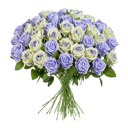 Artificial Flowers Roses Touch Fake Rose Bouquet Flower Stem for Wedding Centerpieces DIY Wreath Home Decorations Silk Roses Mothers Party Fake Outdoor Flowers Decor 19.6"(Mix50PCS) - color: Lightpurple & Puheart 50pcs