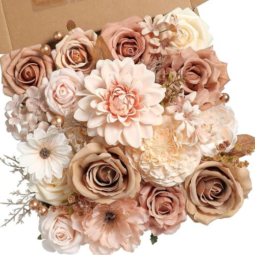 YYHUAWU Artificial Flowers Combo Set Fake Flower Leaf Box with Stems for DIY Wedding Bouquets Centerpieces Arrangements Baby Shower Party Home Decorations (Brown & Nude Color) - color: Brown & Nude Color