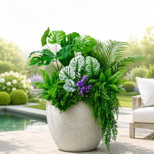Tall Artificial Greenery Outdoor Faux Plants Hanging Ferns,10Bundles Faux Shrubs Fake Monstera Palm Boston Fern Plants for Outdoor Planters, Realistic UV Resistant Tropical Leaves for Window Box - color: Purple Green01