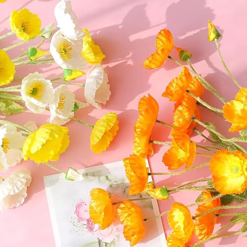 6pcs Artificial Poppy Silk Flowers With Stems - Faux Spring Blooms for Home Kitchen Table Centerpieces, Floral Arrangements, Wedding Bouquets and Mixed Decorations - color: Yellow-white