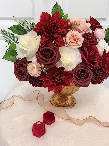 FACINOC Roses Artificial Flowers Red Bouquet Box Set Fake Flower for DIY Bridal Wedding Shower Decorations Centerpieces for Table Faux Silk Floral Arrangement for Party Home Decor Indoor Burgundy - color: T (Red, Burgundy)