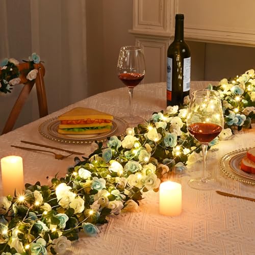 MARTINE MALL Flower Garland Rose Vines, 5 Strands 41Ft Flowers Vines for Bedroom with 33 Ft/100 LED String Lights, Rose Flower Garland Decoration, Rose Floral Garland for Room Table Wedding Decor - color: Blue and White With Lights, size: 5 Packs