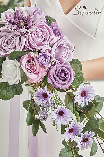 Serwalin 9.8 Inch Wedding Bouquets for Bride Bridesmaid, Purple Dahlia Bridal Bouquets for Bride, Wedding Flowers Bouquet Tossing Bouquet, Wedding Ceremony and Anniversary Decoration - color: Purple