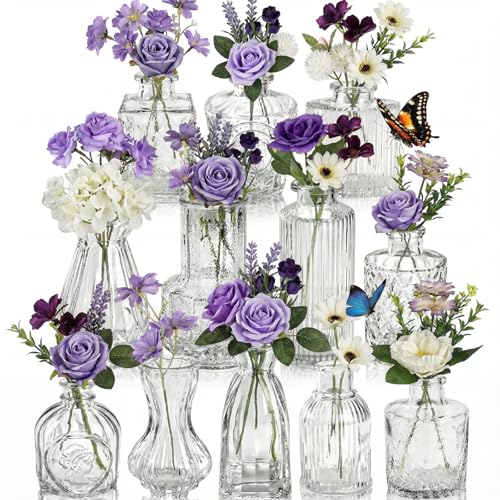 36 Pcs Artificial Flowers Table Centerpiece with Vases Colorful Wildflower Centerpieces Silk Flower Arrangement for Wedding Baby Shower Table Centerpieces Party(Purple Series,Clear) - style: Purple Series