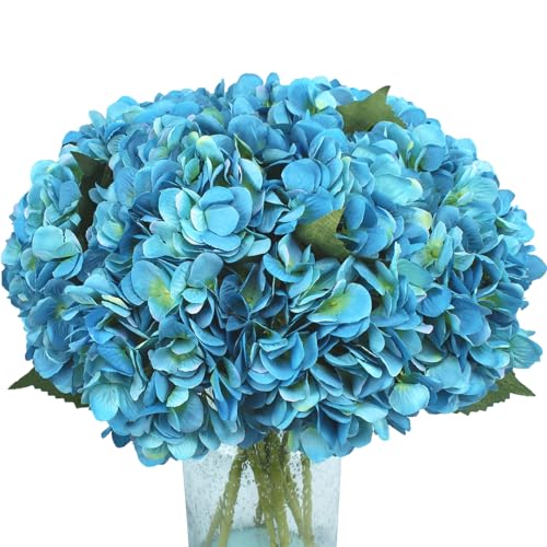 5Pcs Artificial Fake Flowers Plants Silk Hydrangea 1 Flower Head Arrangements Wedding Bouquets Decorations Plastic Floral Table Centerpieces Home Kitchen Garden (Dark Blue) - color: Dark Blue