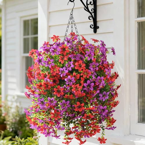 Artificial Hanging Baskets Outdoor, 4 Bundles Artificial Hanging Flowers Outdoors Spring Summer Decoration, No Fade Realistic Fake Hanging Baskets for Porch Patio Balcony Home Yard Decor - color: Red Purple