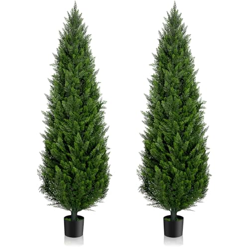 AOKIIE 6FT Artificial Cedar Topiary Trees Set of 2，72 Inch Tall UV Protection Fake Cypress Trees for Outdoors, Realistic Potted Pine Plants for Patio, Porch, Home, Doorway Decor