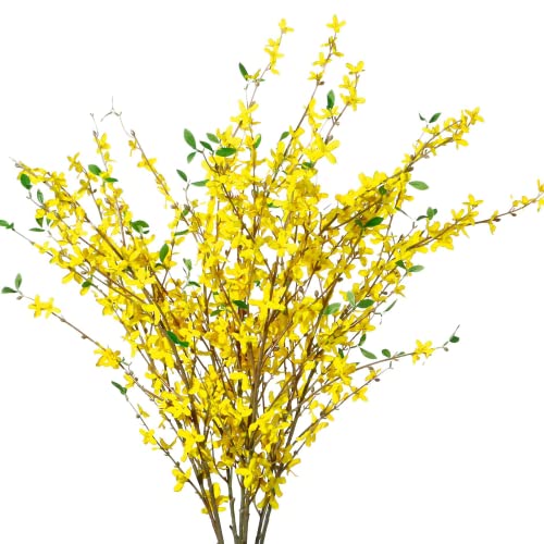 Sggvecsy Fake Forsythia Stems Artificial Orchids Flowers 4 Pcs Fake Forsythia Branches Fake Faux Long Stem Flowers Yellow Silk Forsythia Branches for Home Wedding Indoor Outdoor Decoration