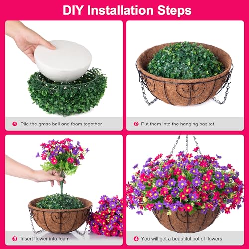 Artificial Hanging Flowers with Basket for Outdoor Spring Summer Decoration, Fake Daisy Flower Arrangement,Faux Plants in 12 inch Coconut Lining Basket for Outside Garden Porch Deck(Plum Purple) - color: Plum Purple