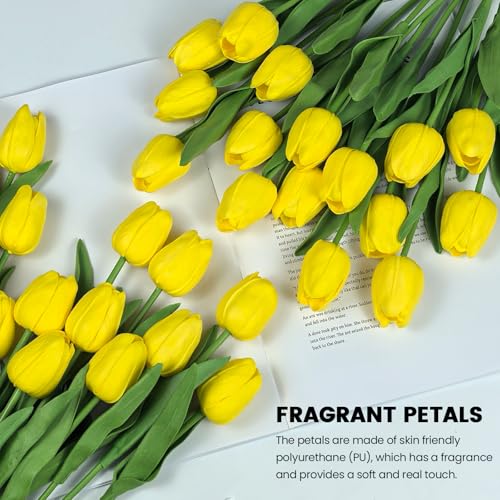 30 PCS Artificial Tulips Real Touch Tulips 13.5inch Long Stem Fake Flowers Silk Flowers for Spring Easter Mother's Day Decorations（Yellow） - color: Yellow