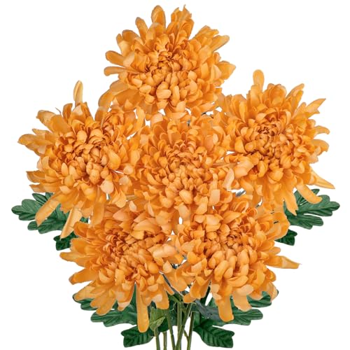 Briful 6 Pcs Gold Artificial Mums for Outdoors Fall – 25.6’’ Long Stem Faux Chrysanthemums, Large 6’’ Silk Fall Flowers for Wedding Bouquets, Centerpieces, Porch Décor, Indoor Home Decoration - color: Gold