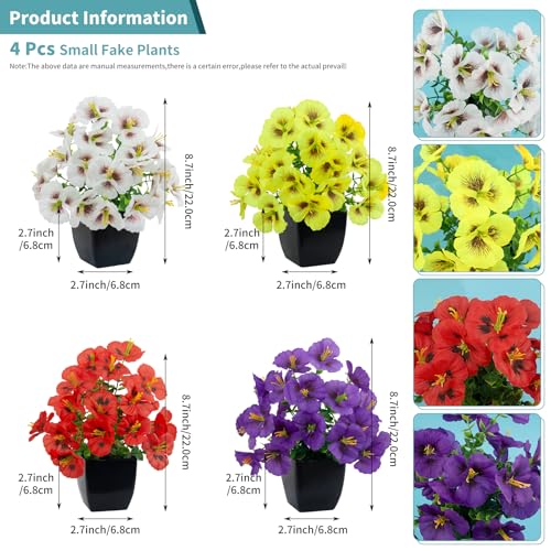 LOYWREE 4 Pack Small Faux Plants Spring Artificial Pansy Flowers Fake Plants Indoor Bathroom Accessories for Home Room Office Desk Decor(Black Square Pot) - color: Pansy-black Pot, size: Black Pot