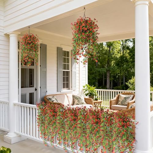 ZFProcess Artificial Hanging Flowers for Outdoors, 2 Pcs Fake Hanging Plant Spring Summer Decor, UV Resistant No Fade Realistic Faux Flower for Front Door Porch Planter Patio Garden Yard(Red Brown) - color: Red Brown
