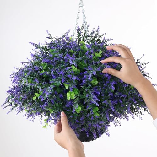 GLIDLION Artificial Eucalyptus & Lavender Hanging Basket (2 Pieces) - Realistic Fake Hanging Plants Set, Outdoor Faux Eucalyptus Leaves for Farmhouse Eaves Porch Decor | Spring,Summer,All Season