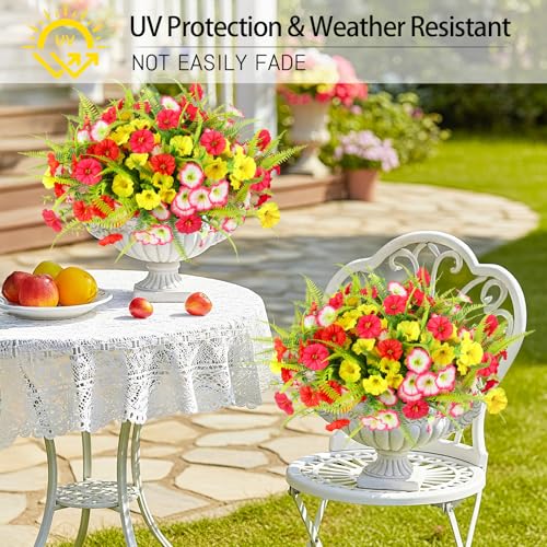 Outdoor Flowers UV Resistant Artificial Flowers 12 Bundles Artificial Petunias Fake Flowers Shrubs Plants with Fern for Indoor Outside Hanging Planters Home Garden Spring Summer Decorations - color: Red, Rose Red, Pink, Yellow
