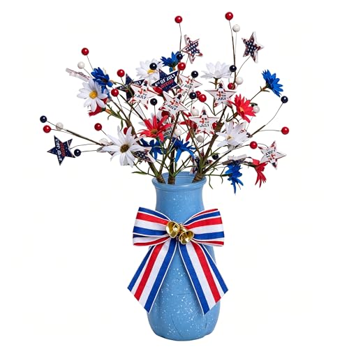3 Pack Patriotic Artificial Berry Stem Picks: 4th of July Decorations Red White and Blue Stars Flowers Decoration for Independence Day, Home Vase Décor Table Centerpieces - color: Patriotic White Blue Red Stars