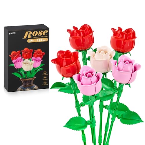 Rose Flower Bouquet Building Set: Artificial Flowers Botanical Collection Blocks Kit for Women Girls Wife Adults Home Decor Thanksgiving Christmas Mother's Day Valentine's Gifts 6-Pack - color: Red & Pink & White