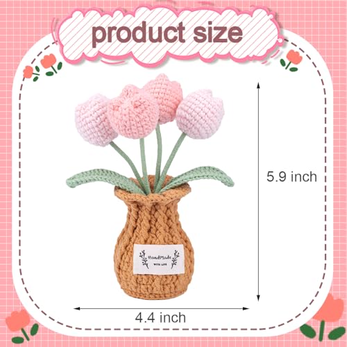 Tulip Crochet Flower Plant, Small Cute Handmade Knitted Flowers with Vase, Small Crochet Potted Artificial Flower Plants for Desk Home Car Dashboard Office Decorations (Tulip-Pink) - color: Tulip-pink