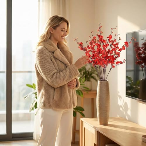 8pcs Red Cherry Blossom Branches Artificial Flowers for Winter Spring Indoor Decoration, 36" Plum Fake Peach Plants for Wedding Home Office Bedroom Party Decor (red, 36in) - color: Red, size: 36.6 inches