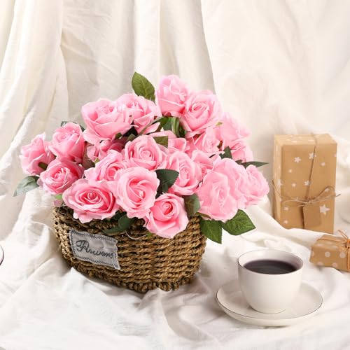 24 Pcs Pink Rose Artificial Flowers with Long Stem Real Touch Silk Plastic Bouquet Pink Roses Bulk for Wedding Party Table Centerpieces Festival Decorations - color: Pink