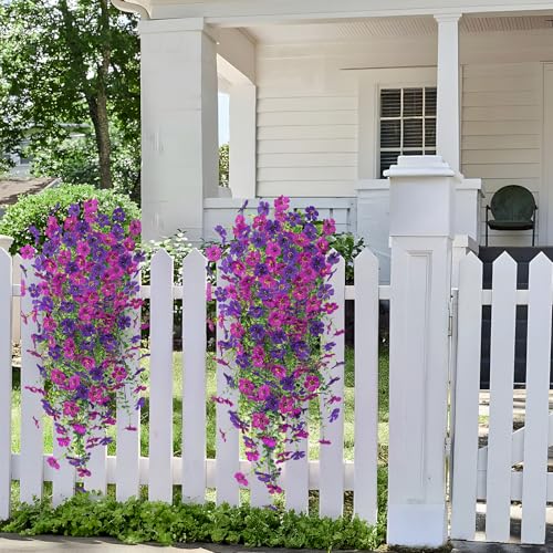 Fake Artificial Hanging Flowers for Outdoors Decoration, 2 PCS Faux UV Resistant Artificial Outdoor Flowers, Fake Plants Look Real Daisy No Fade Spring Decor for Porch Home Patio Balcony and Yard - color: Hanging Flower (Dark Purple Light Purple)