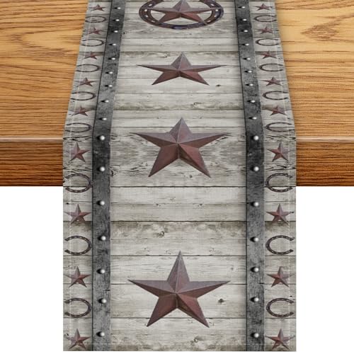 Western Texas Table Runner,ustic Farmhouse Grey Wooden Stars Hoof Cowboy Country Coffee Table Center Decor for Family Kitchen Outdoor Farmhouse Holiday Party Table Decorations, 13"x36" - color: Texas-9, size: 13“ X 36"