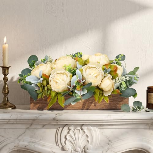 Flower Table Centerpieces for Dining Room, Summer Artificial Peony Table Centerpieces Wood Tray with Fake Flowers for Wedding Living Room Party Bar Kitchen Table(Champagne) - color: Champagne