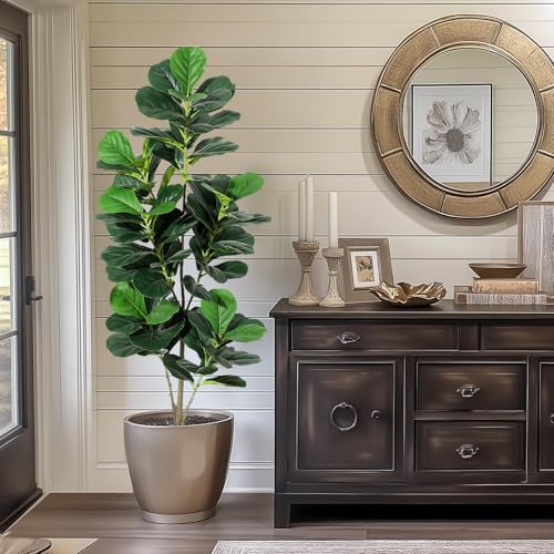 IDEALHOUSE 5FT Artificial Fiddle Leaf Fig Tree, Fake Fiddle Leaf Fig Plant with Realistic Leaves, Potted Faux Tree for Indoor Home Office Living Room Decor, 60 Inch - size: 5ft