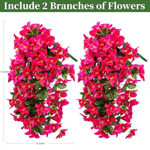 Artificial Bougainvillea Hanging Flowers Plants - 2 PCS faux Bougainvillea flowers with Long Trailing Vines for Outdoor Decoration, Perfect for Porch, Urn Patio Balcony (Rose Red & Red Lotus Mix) - color: Rose Red & Red Lotus Mix