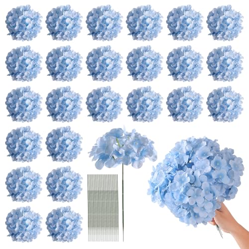 Tifuly 24 Pcs Blue Hydrangea Artificial Flowers Bulk, Faux Hydrangea Full Flowers Heads with Stems, Fake Silk Flowers for Wedding, Garden, Home, Party Decoration - color: Blue